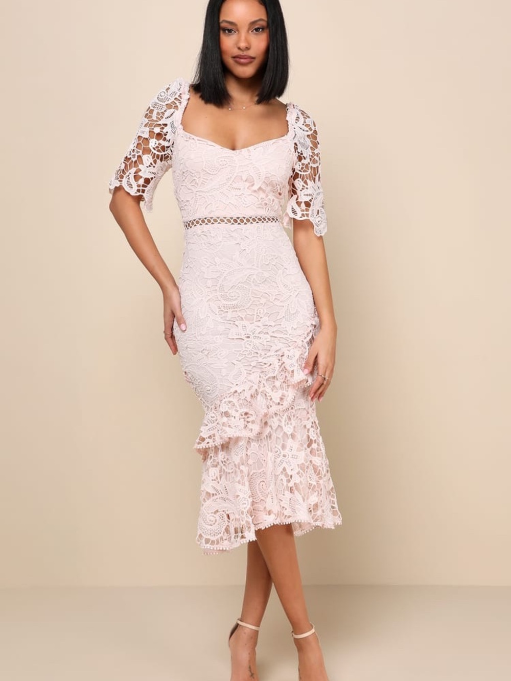 Lulus Dress M Blush Pink Lace Ruffle Midi Mermaid Wedding Guest NWT